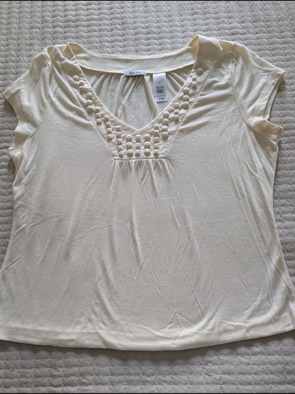 liz & co. Ivory Short Sleeve V-Neck Tee with Bead Trim
